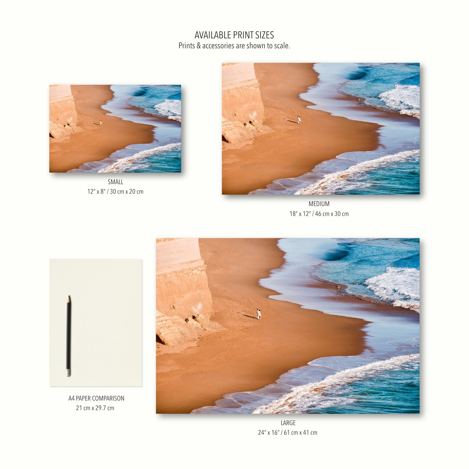 Visual size guide for Tidal Paths horizontal print showing Small, Medium, and Large dimensions for wall art selection.