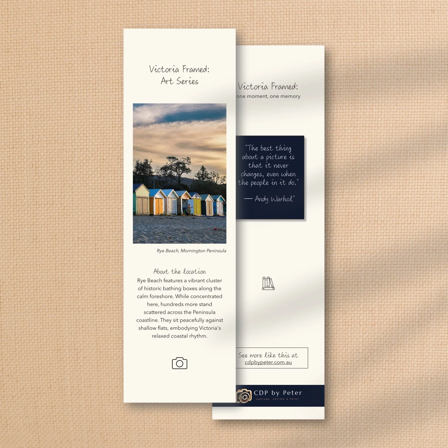 From the collection of Victoria Framed Premium Bookmarks here shown is one item, featuring a set of bathing boxes on side 1 and an adage on side 2.