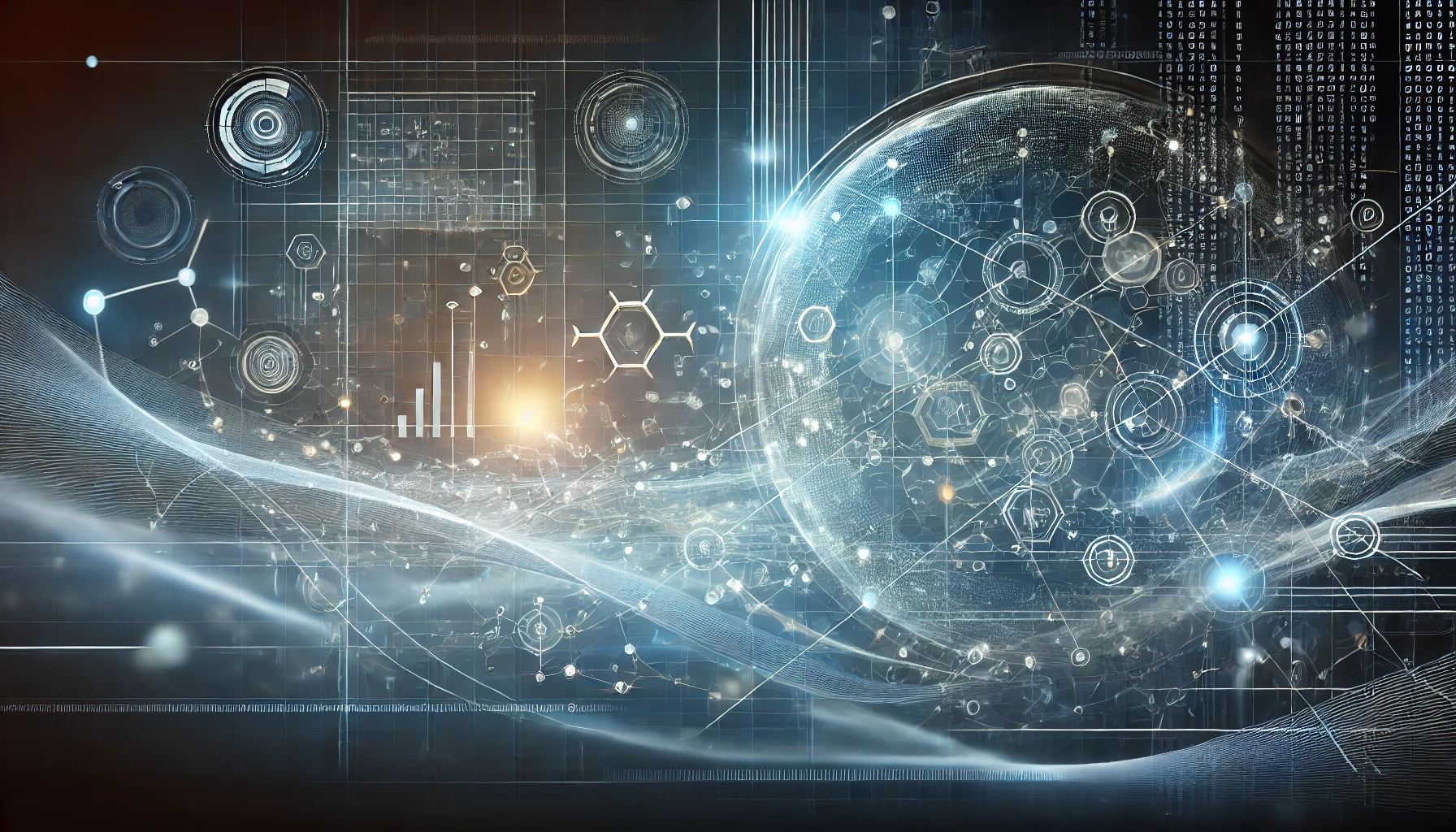 Futuristic digital interface with geometric patterns and glowing elements, representing technology and data visualization.