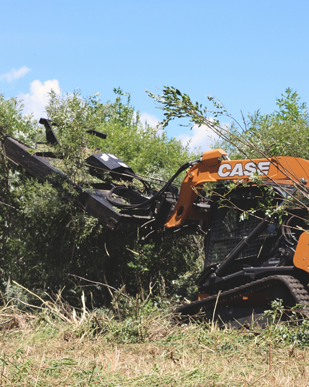 A dirt trail or path in a wooded area with trees on either side, a wooden fence on the left, and a small tracked construction vehicle, specifically a CASE TV450, on the right.