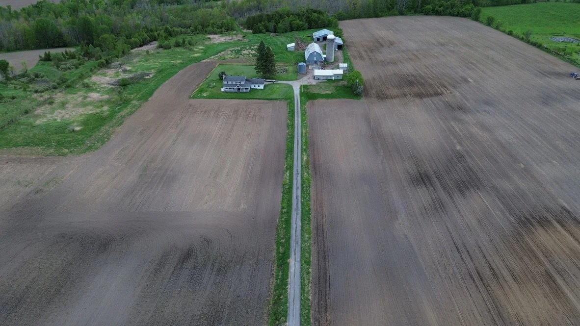 Aerial view of farm with a house, silos, barn, and surrounding farmland divided by a long driveway.