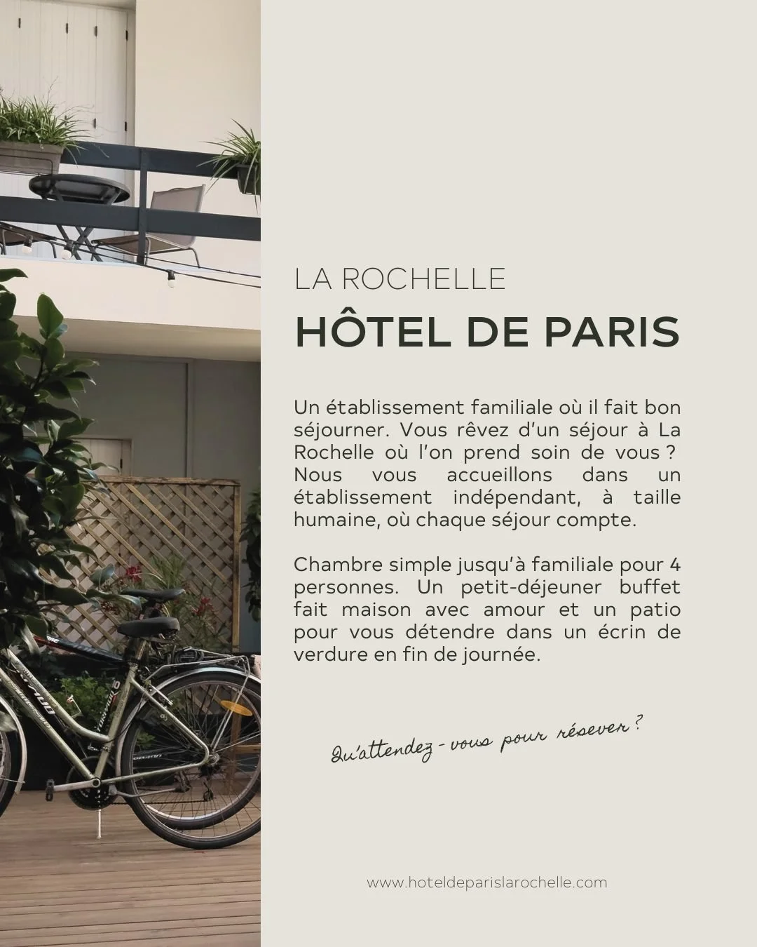☀️ Un s&eacute;jour o&ugrave; tout est pens&eacute; pour votre confort ☀️

D&eacute;couvrez notre h&ocirc;tel au charme unique, m&ecirc;lant modernit&eacute; et authenticit&eacute;, id&eacute;al pour explorer La Rochelle &agrave; pied. Profitez d&rsq