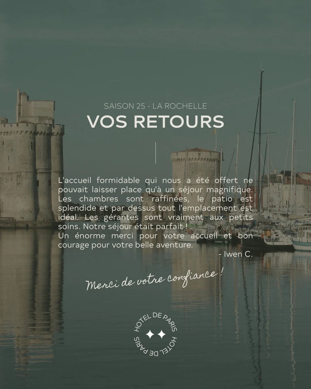 🌟 Vos sourires sont notre plus belle r&eacute;compense 🌟

Chaque s&eacute;jour est unique, et nous sommes toujours touch&eacute;s de lire vos retours bienveillants 💛

Merci &agrave; tous nos voyageurs pour la confiance que vous nous accordez. Votr