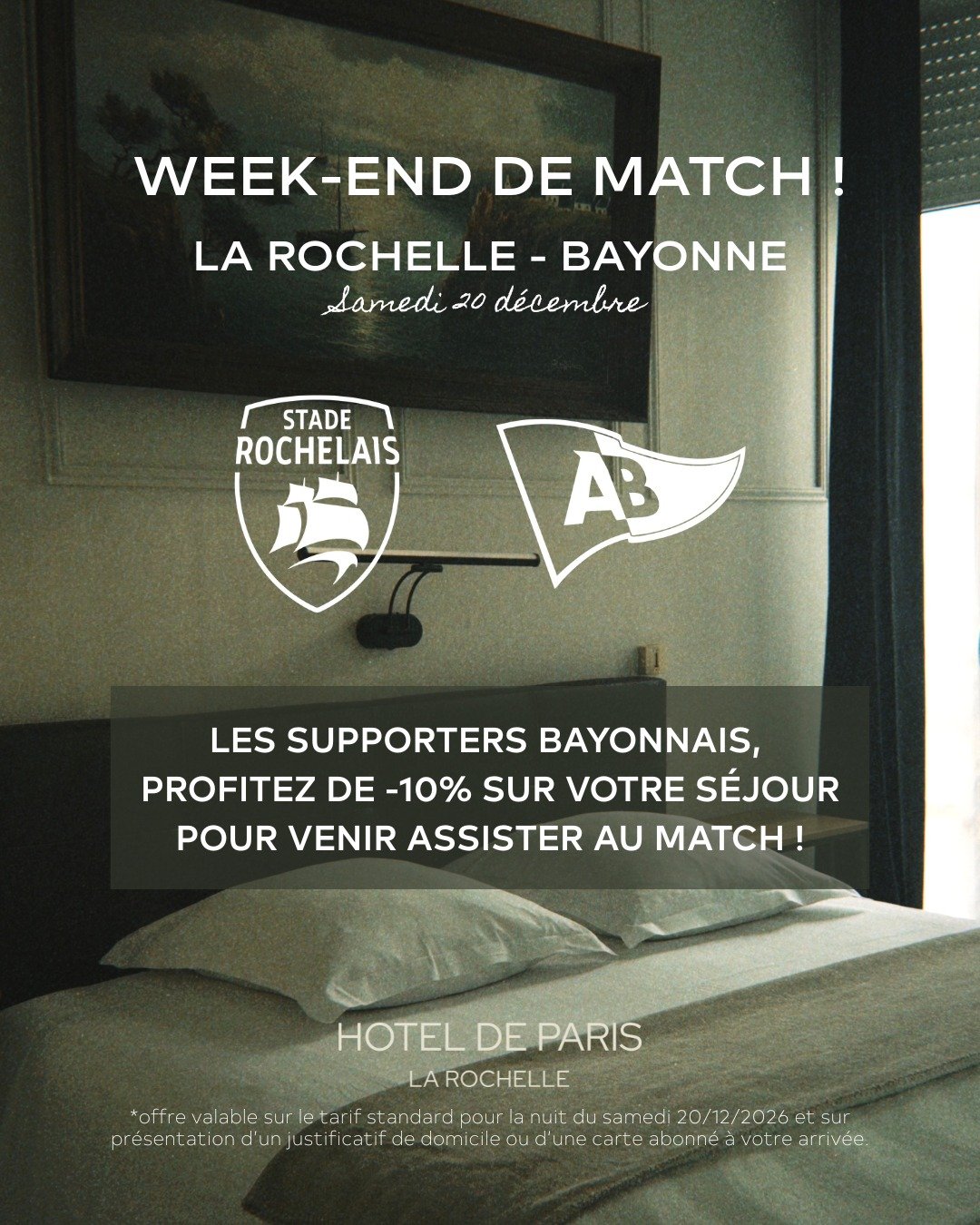🏉 OFFRE POUR LES SUPPORTERS BAYONNAIS 🏉

La Rochelle 🆚 Bayonne &ndash; Samedi 20 d&eacute;cembre

Supporters de l&rsquo;Aviron Bayonnais, cap sur La Rochelle !
Avant la reprise de notre h&ocirc;tel en d&eacute;cembre 2024, nous &eacute;tions origi