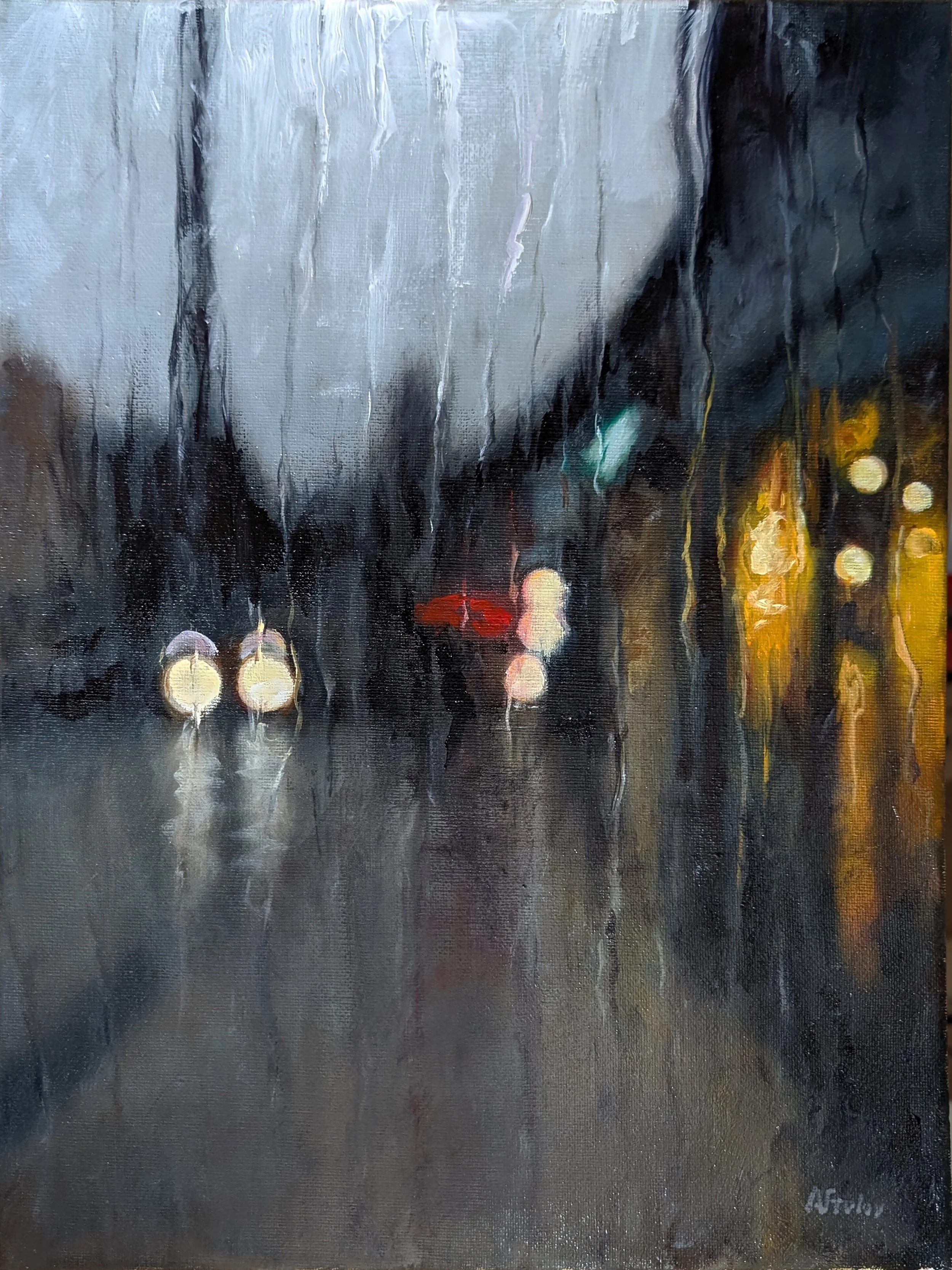 "Rainy Evening Street" - Original Oil Painting