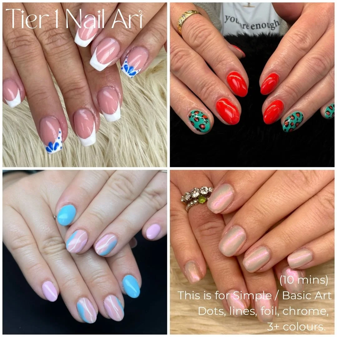 π
 Nail Art Explained π
Choosing your nail art just got easier!
We’ve broken it down into 4 simple tiers — swipe through to see examples of each level and what’s included.
From Tier 1 – Simple & sleek → to Tier 4 &n