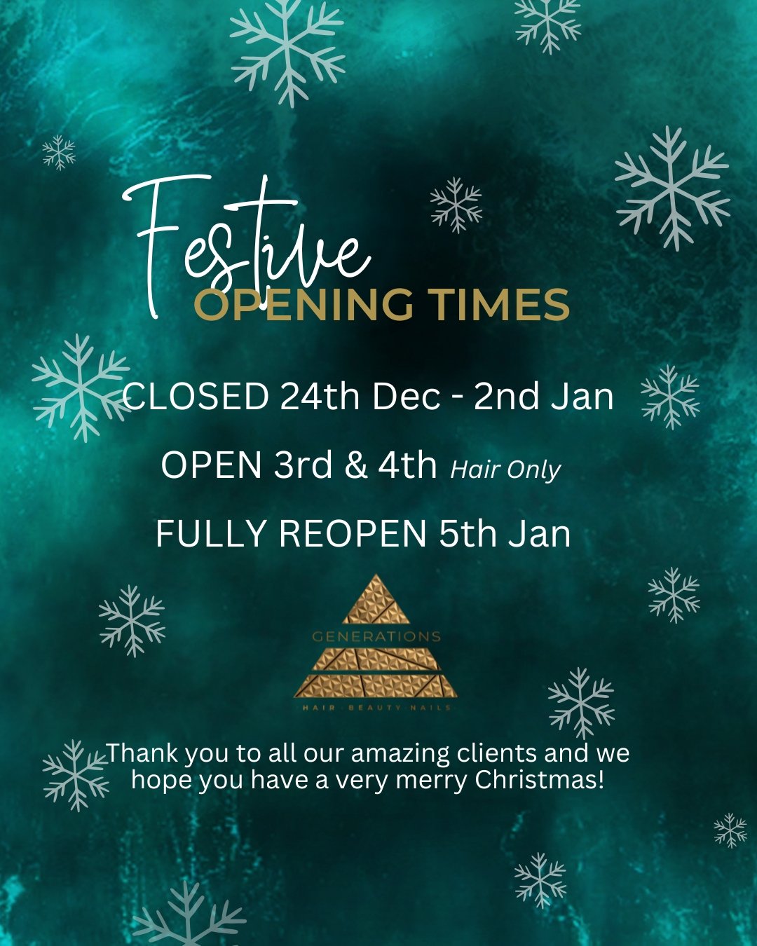 A quick update on our opening hours over Christmas and New Year🎄

If you're hoping to book in around the festive period, we have VERY limited availability, please take a look via our online booking system to get yourself booked in or reach out if yo