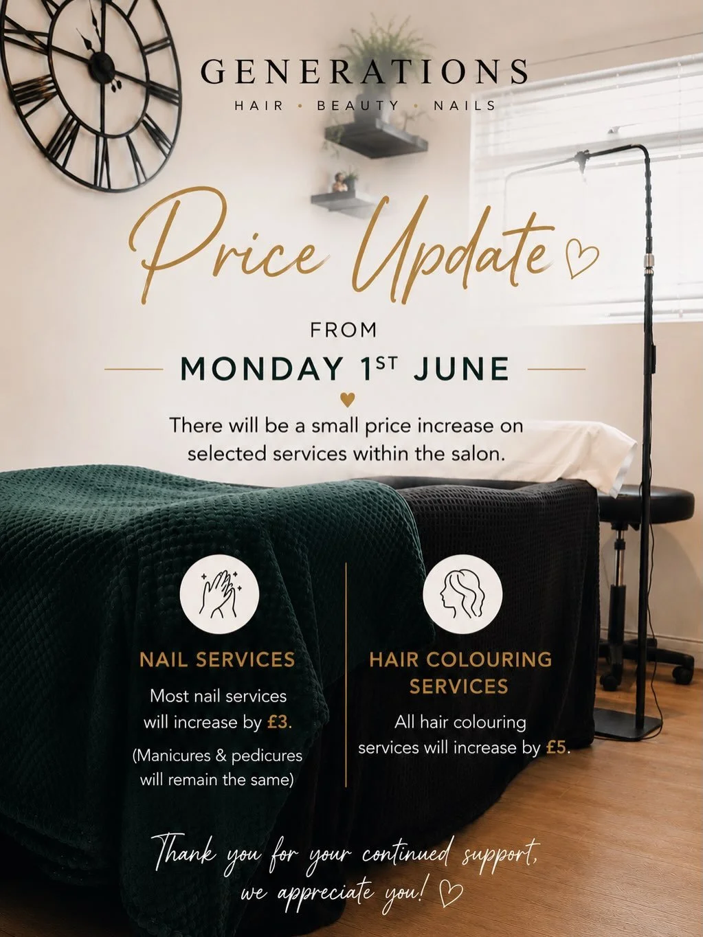 PRICE UPDATE ♡

From Monday 1st June there will be a small price increase on selected services within the salon.

We haven&rsquo;t increased our prices for the last 2 years and during that time we have upgraded all of our nail products to HONA &mdash