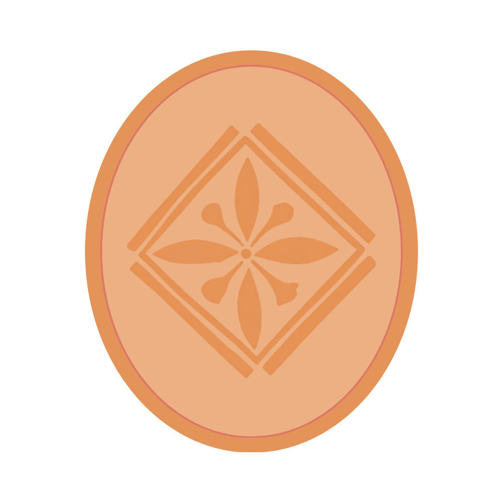 Illustration of a medal or coin with a floral pattern inside a diamond shape, in shades of peach and orange.