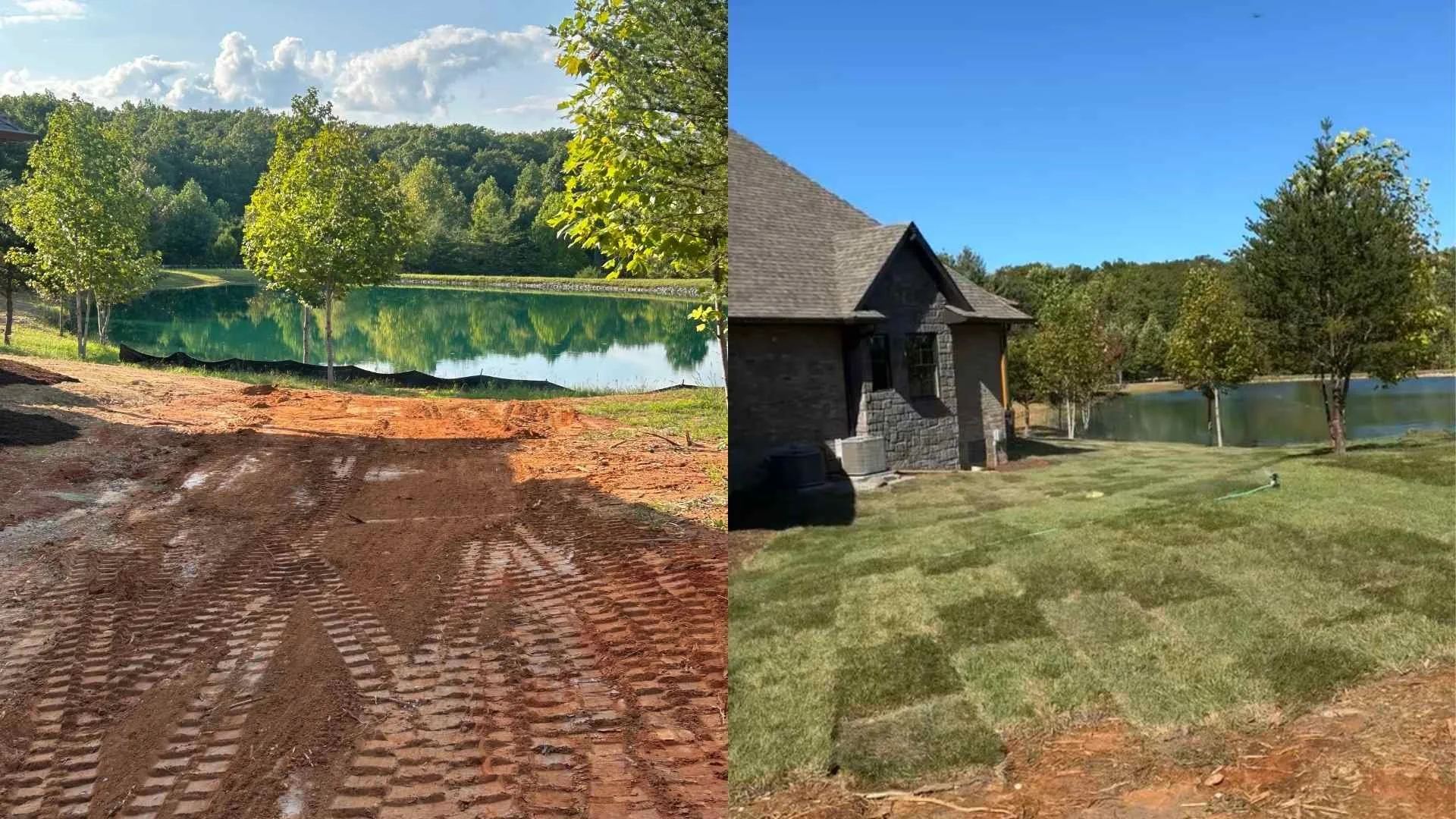 Before and after landscape design with grading and sod installation on a residential property in Middle Tennessee
