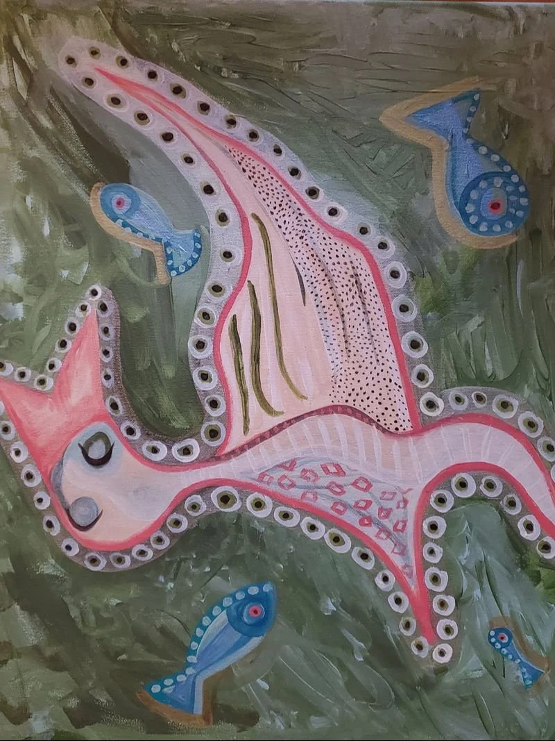 This my Thing, my pet dragon. My illness makes my skin feel like it's on fire and I like to imagine that cool water is surrounding me to make me feel better. 