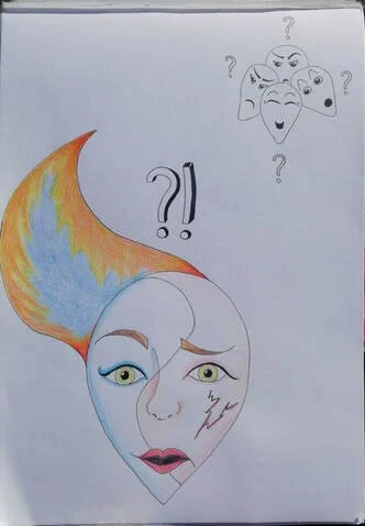 By Amanda C., 34 years from EDS-Foundation Netherlands The face has a mask because we often put on a mask because of incomprehension in society. The heads in the back right represent society. The question marks because many of them often do not judge