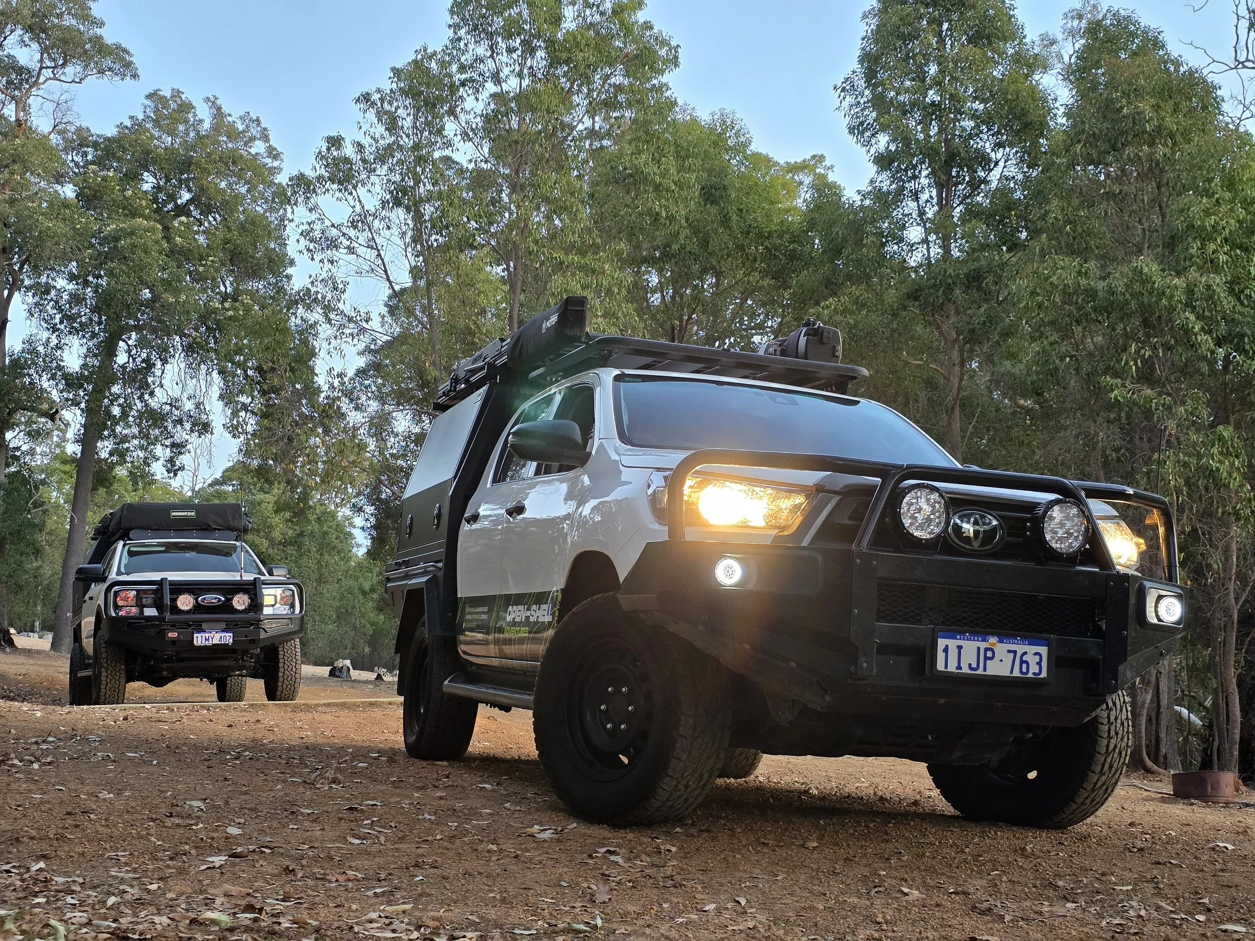 Rugged Oyster camper at a secluded bush camp, highlighting full camping kit, 270-degree awning, and WA’s best value 4WD rental experience.