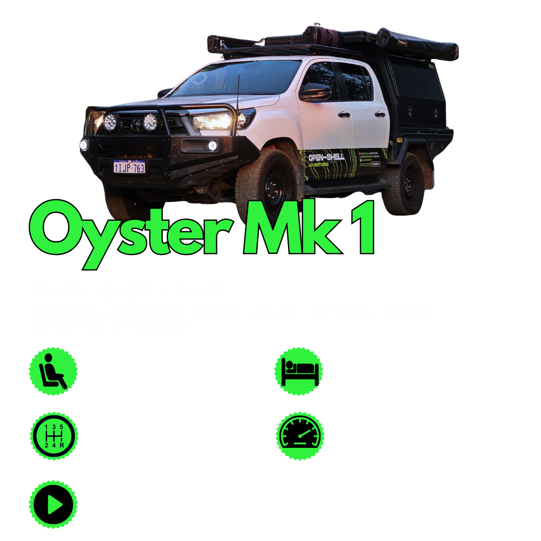 4WD camper hire in Perth Western Australia – Toyota Hilux Oyster Mk1 with rooftop tent, ideal for self-drive camping, beach driving and outback road trips across WA