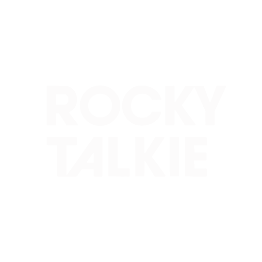 Logo with the text "Rocky Talkie" in bold white letters on a black background.