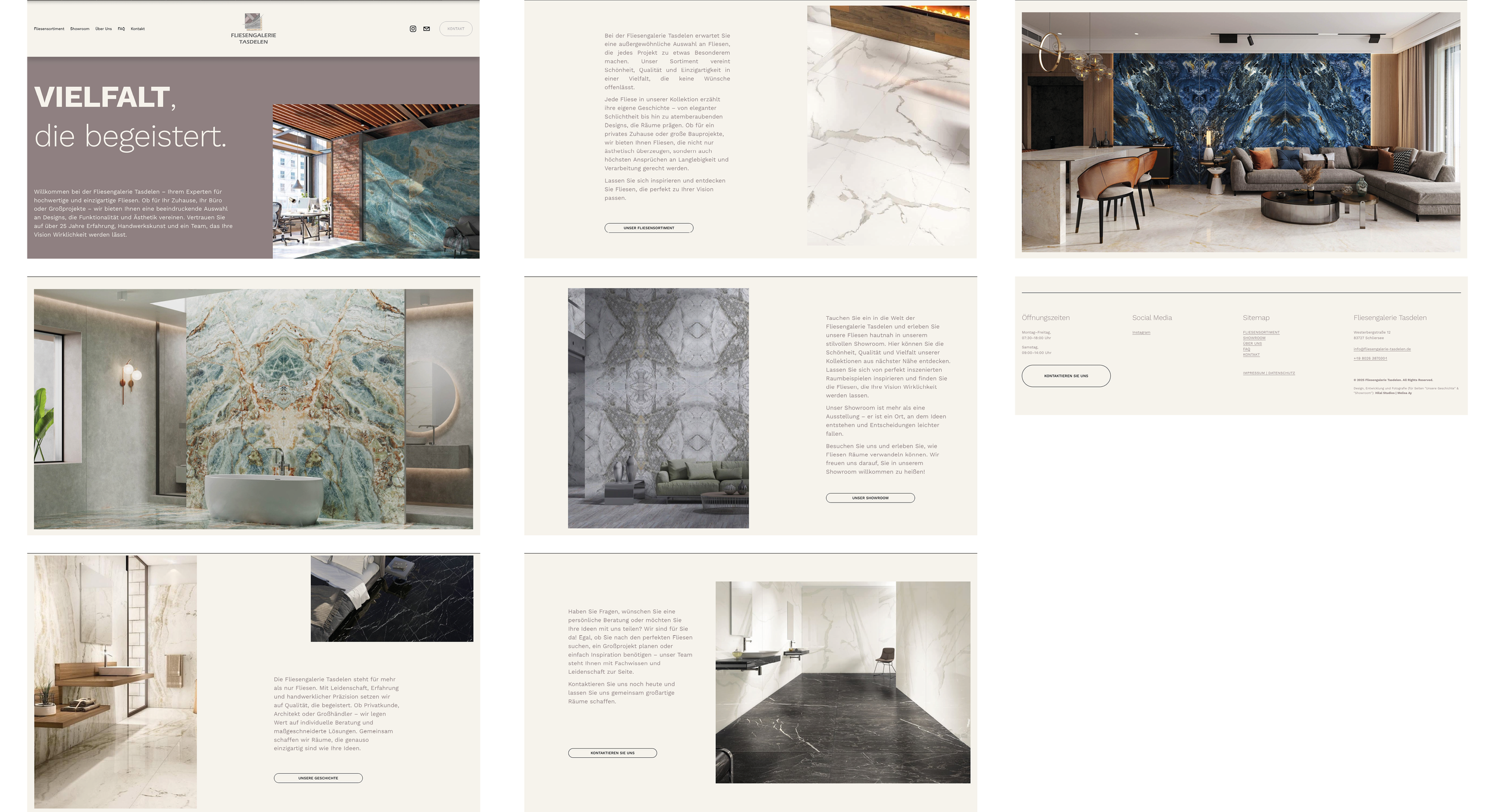 Screenshot einer Webseite der Fliesengalerie Tasdelen mit verschiedenen Bildern von hochwertigen Fliesen und Badezimmerdesigns, samt Text und Kontaktinformationen. Erstellt von Hilal Studios.