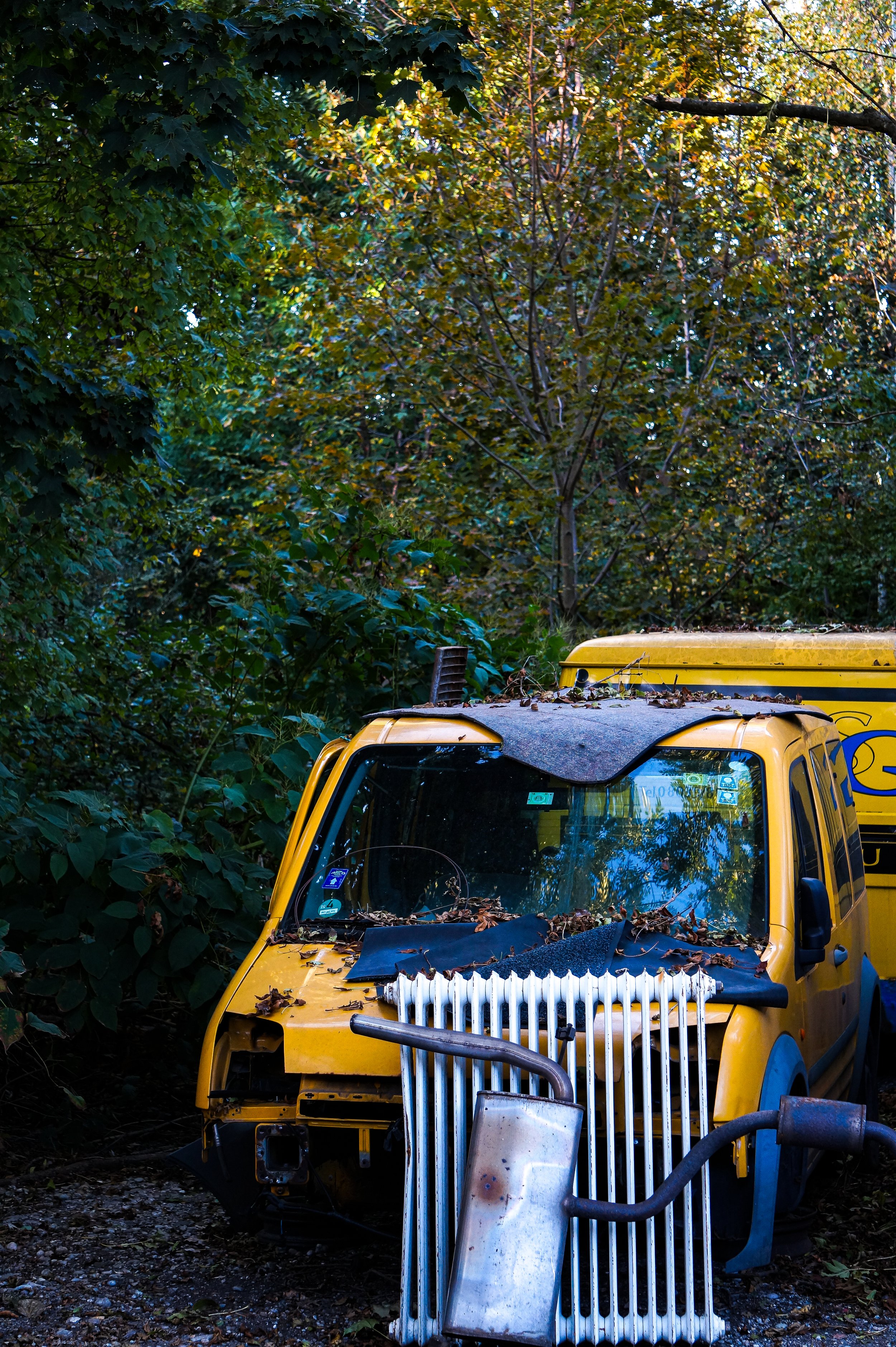 Verlassenes, gelbes Fahrzeug im Wald, bedeckt mit Laub, mit beschädigter Vorderseite und einem Metallgitter davor. Aufgenommen von Hilal Studios.