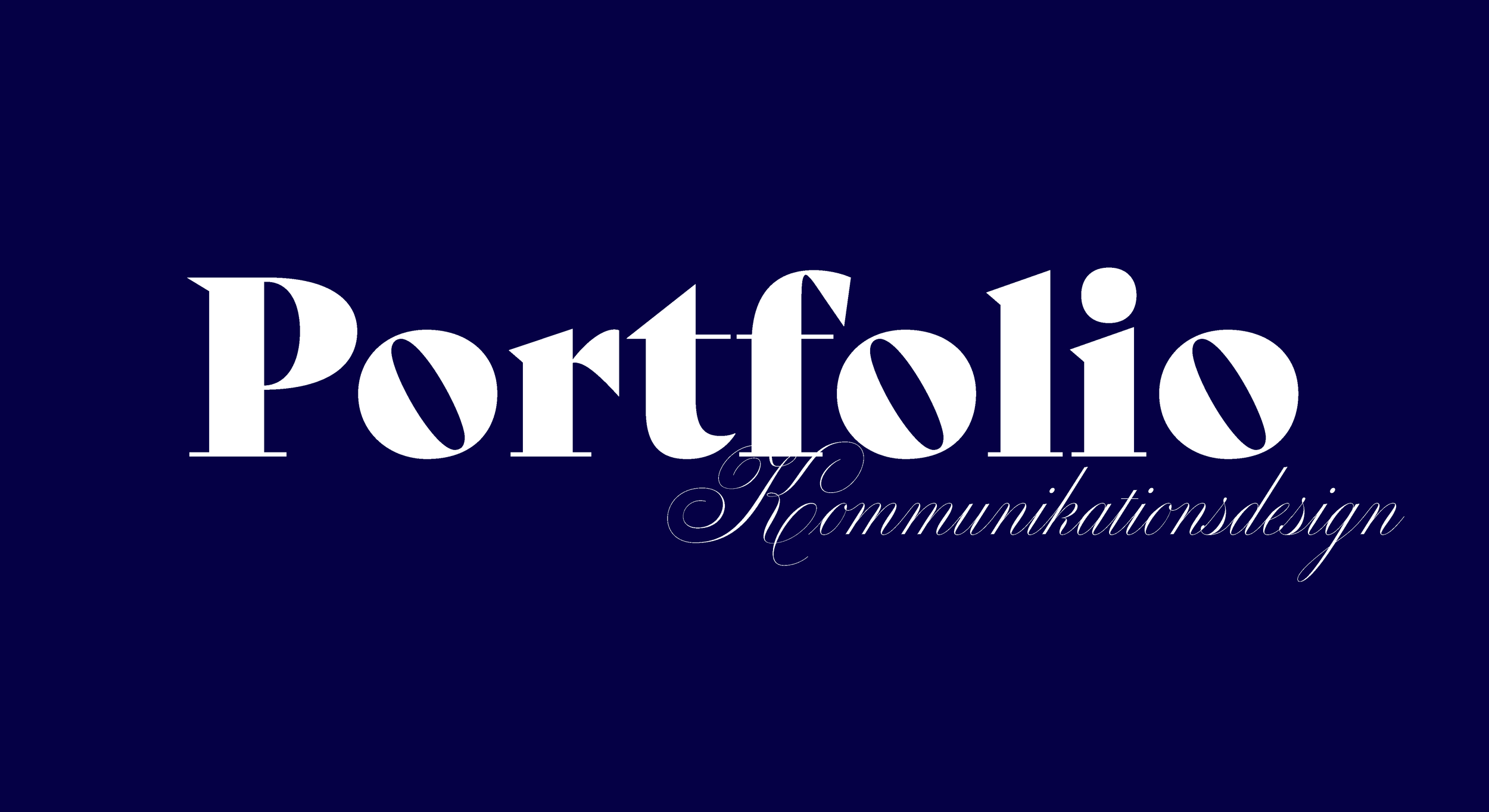 Das Bild zeigt das Wort ‚Portfolio‘ in großen weißen Buchstaben auf einem dunkelblauen Hintergrund, darunter steht in kleiner, eleganter Schreibschrift ‚Kommunikationsdesign‘. Erstellt von Hilal Studios.