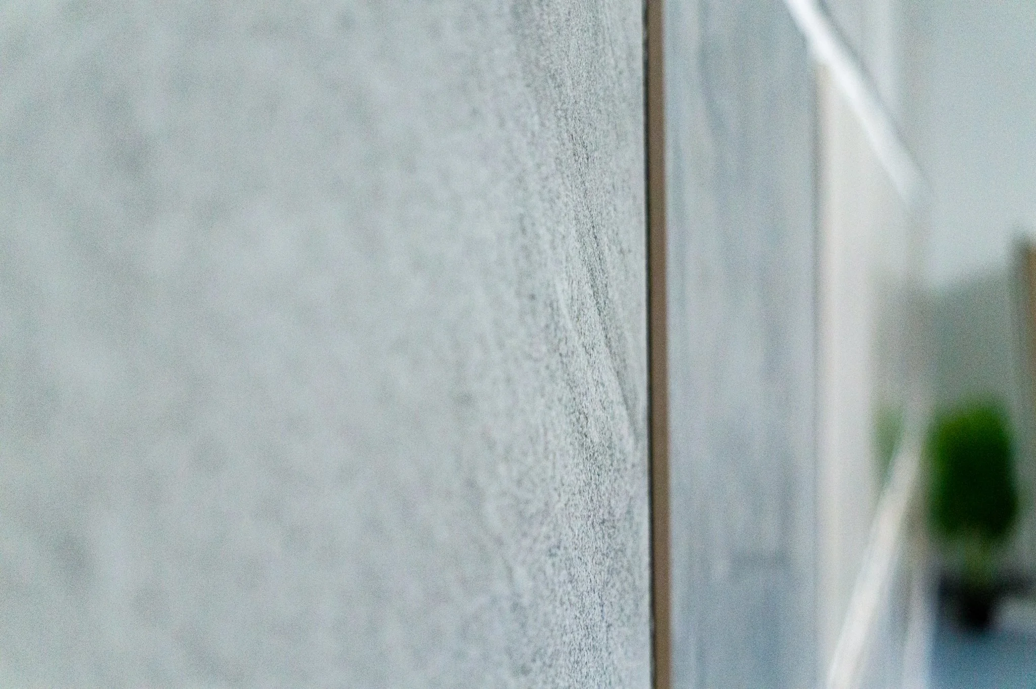 Nahaufnahme einer Wand mit einer vertikalen Holzleiste, im Hintergrund unscharf eine Pflanze. Aufgenommen von Hilal Studios.