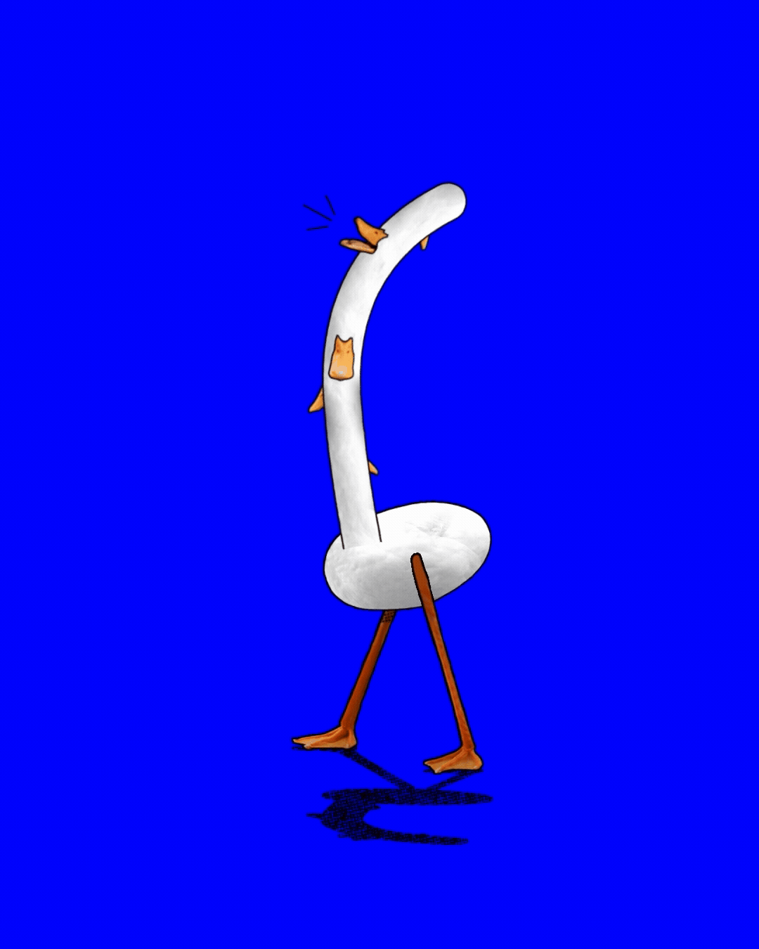 An animated duck with lots of beaks walking and quacking.