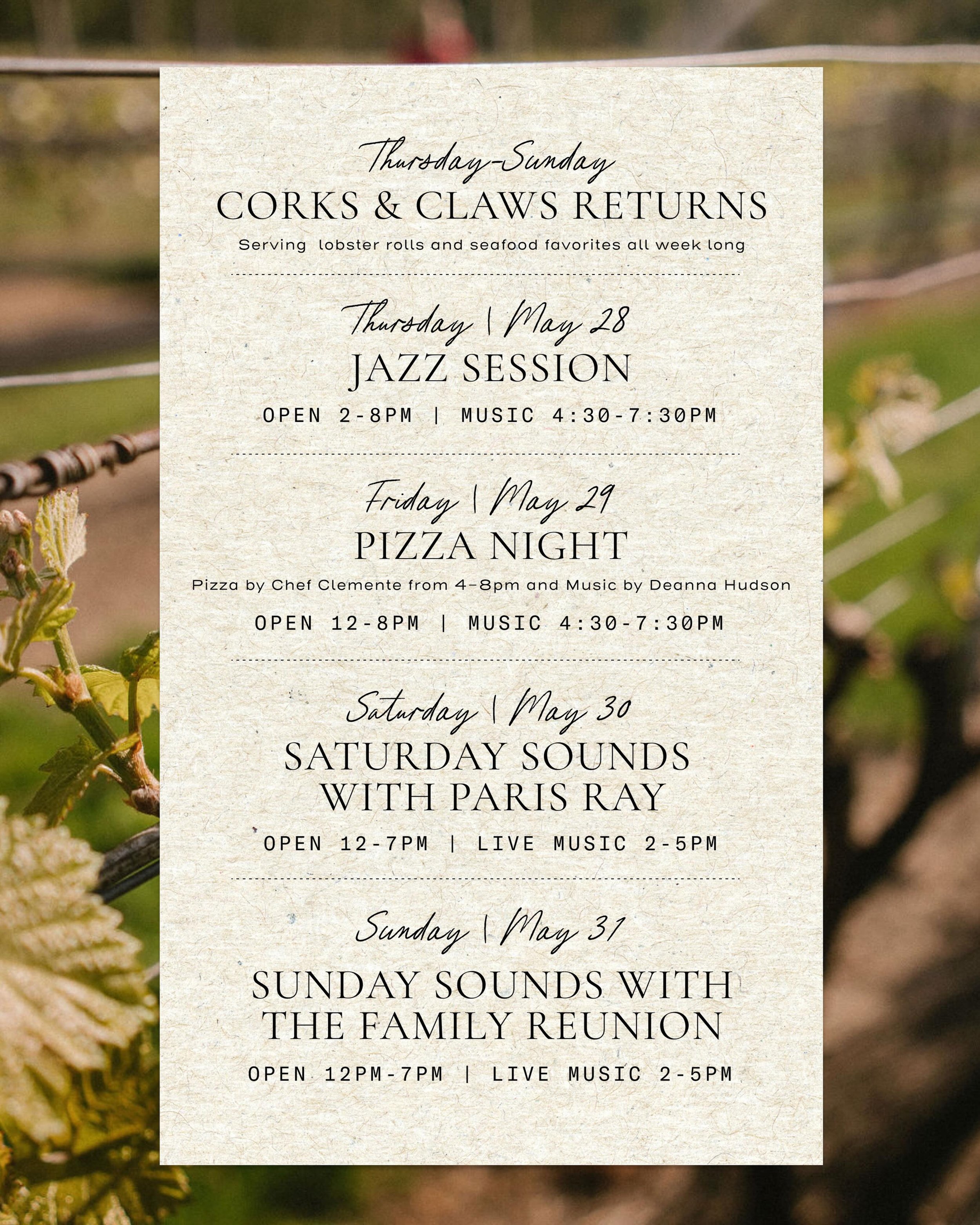 After a rainy last weekend, we&rsquo;re bringing Corks &amp; Claws back at Loughlin Vineyard 🌊🦞

Join us Thursday through Sunday for lobster rolls, seafood favorites, live music, pizza nights, and long afternoons at the vineyard.

Thursday | Open 2