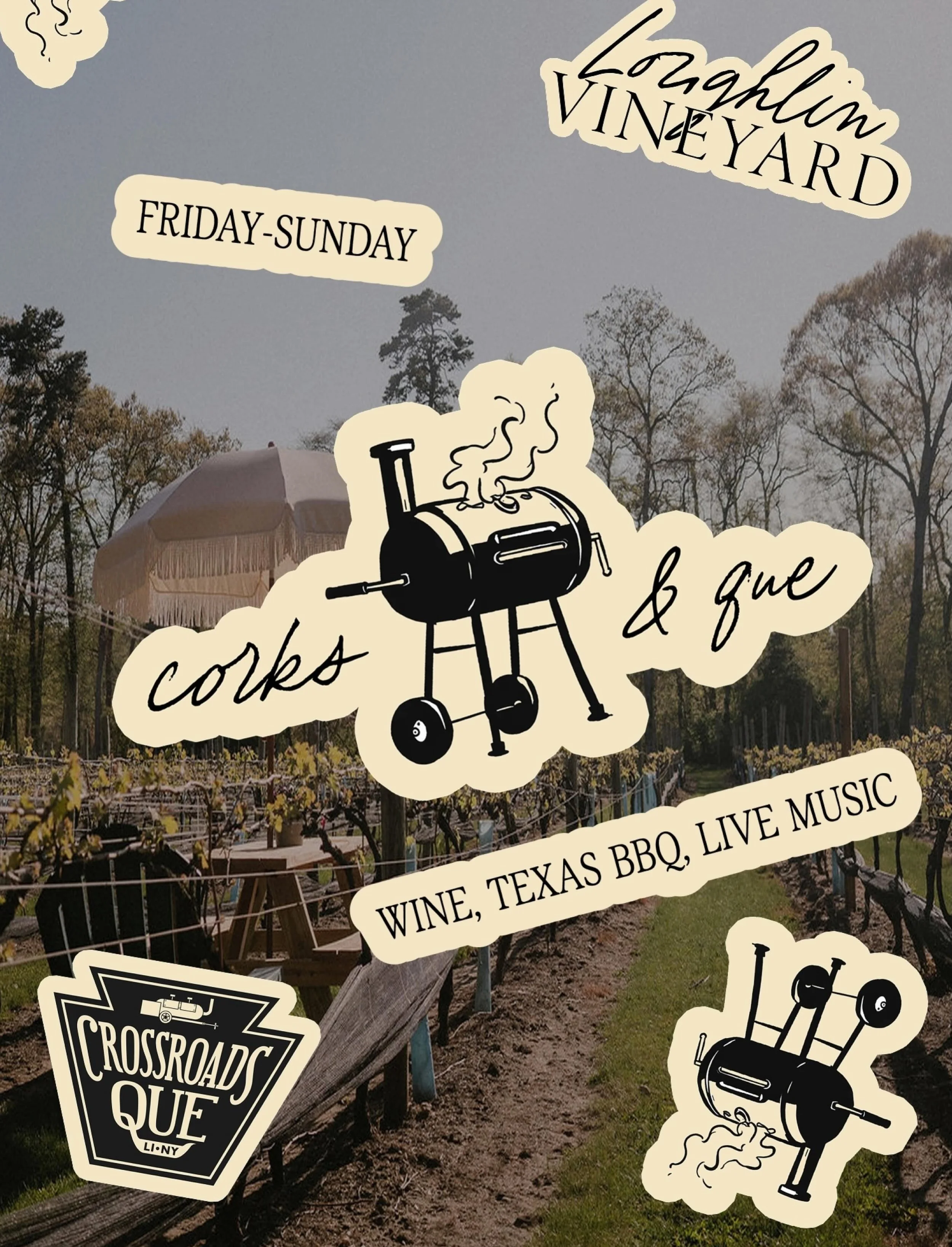 This week we&rsquo;re firing up the smokers and bringing the flavors of Texas to the vineyard with slow-cooked BBQ from @crossroadsque Friday through Sunday. Pair brisket, pulled pork, ribs, and all your BBQ favorites paired with a glass of Loughlin&