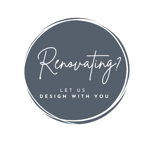 A circular logo with a dark background and white text that reads 'Renovating? Let us design with you' in a modern font.