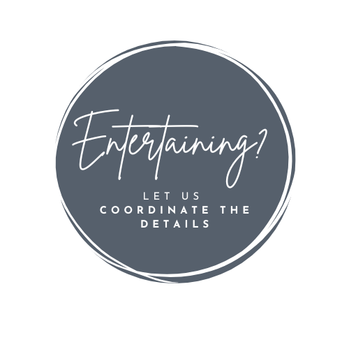Circular logo with gray background and white text that reads, "Entertaining? Let us coordinate the details."