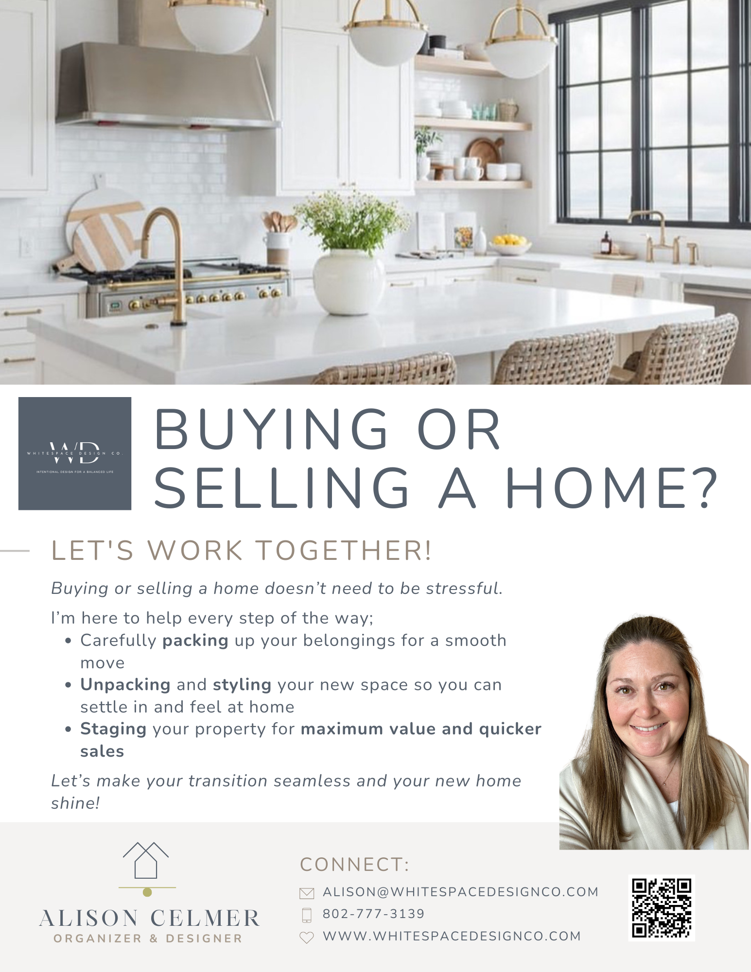 buying or selling a home flyer - I can pack, unpack, style, and/or stage your home - photo of Alison Celmer and a photo of a white, bright, clean kitchen