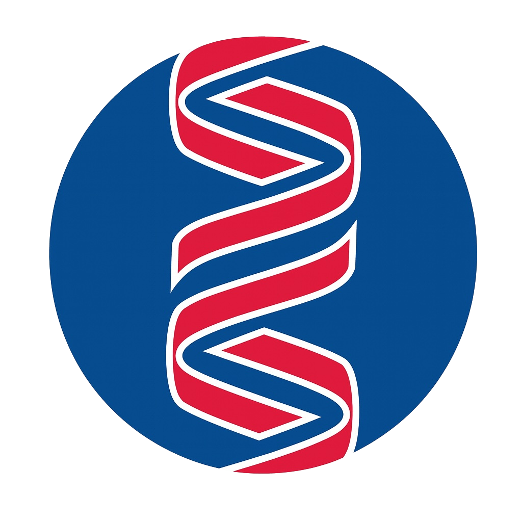 Logo of a healthcare or pharmaceutical company featuring a red and white helix on a blue circular background.