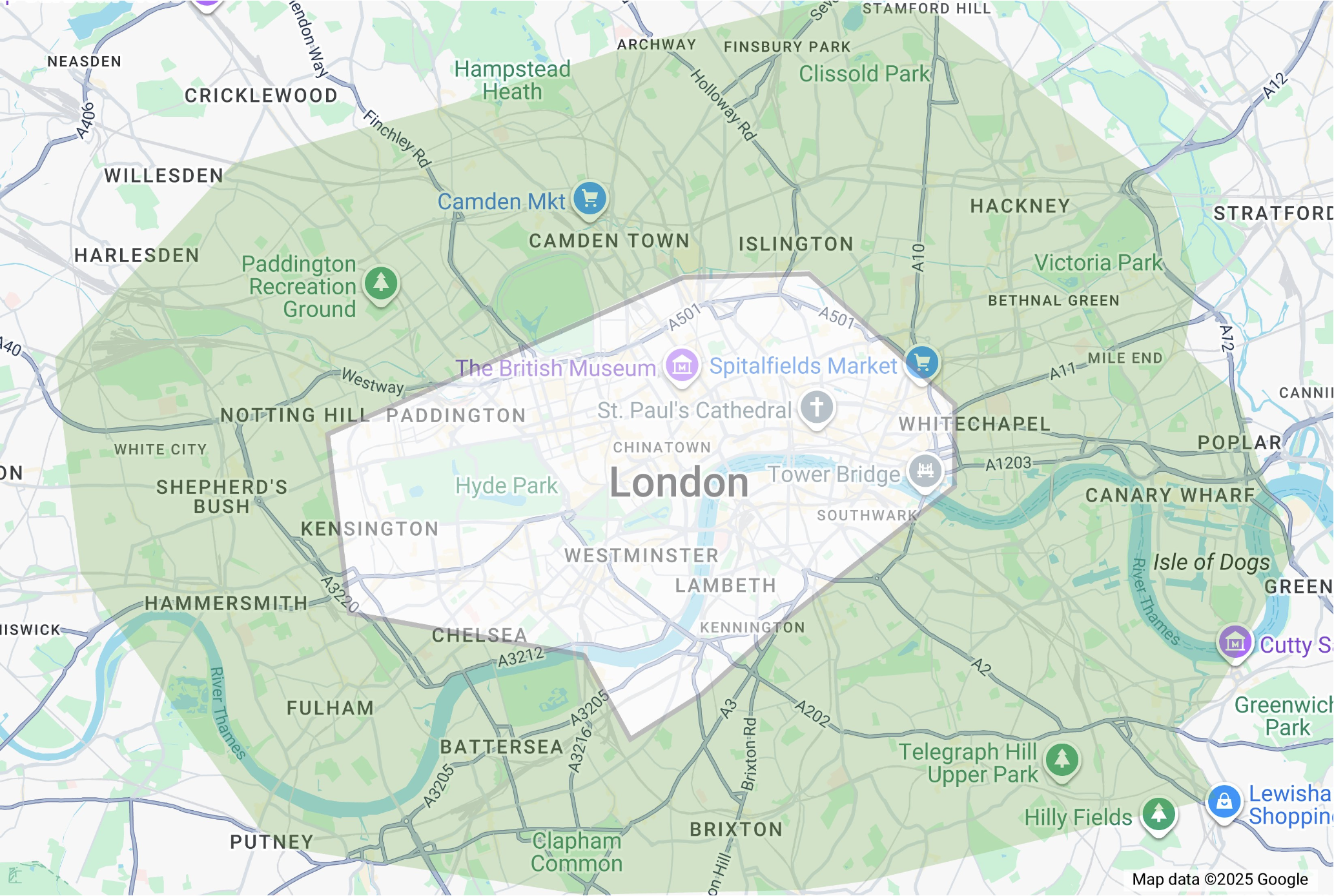 Map of London, England, showing neighborhoods, parks, and landmarks including Camden Market, British Museum, Tower Bridge, Hyde Park, and Canary Wharf.
