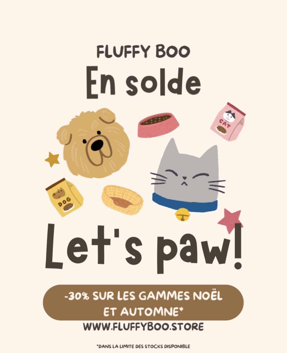 Annonce promotionnelle pour des produits pour animaux, avec un chien, un chat, et des images de nourriture pour animaux, indiquant une réduction de 30% sur des articles de Noël et d'automne, avec le site web www.fluffyboo.store.