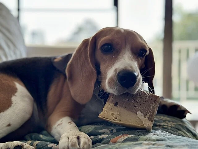 Beagle dégustant une friandise adaptée aux chiens, illustrant l’importance de choisir des aliments spécifiques pour préserver l’équilibre nutritionnel.