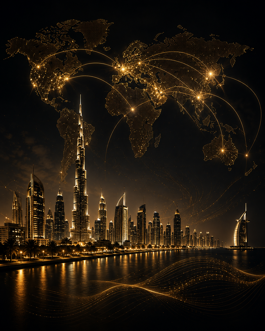 Digital illustration of a city skyline at night with tall illuminated skyscrapers, overlaid with a glowing world map connecting major cities worldwide with lines, representing global connectivity.