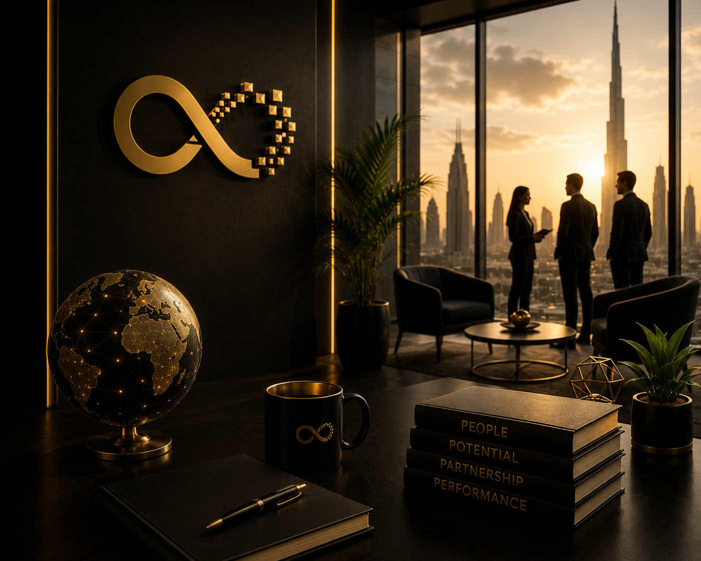 Modern office with dark decor and gold accents, featuring a globe, a black coffee mug with an infinity symbol, a pen, a notebook, and stacked books titled 'People,' 'Potential,' 'Partnership,' and 'Performance.' Large windows reveal a city skyline at sunset with tall skyscrapers, and three businesspeople are having a discussion near the windows.