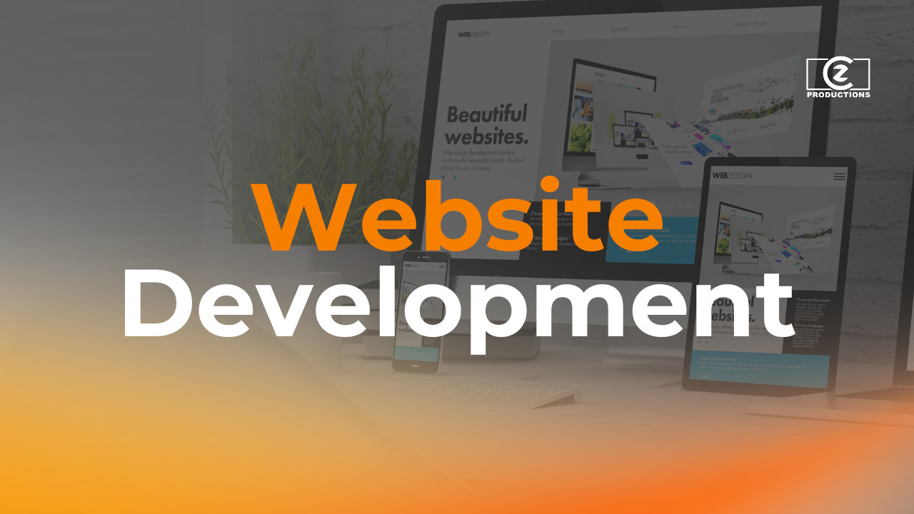 Overlay of text reading 'Website Development' on a background with multiple screens showing website designs, a potted plant, and a white brick wall.