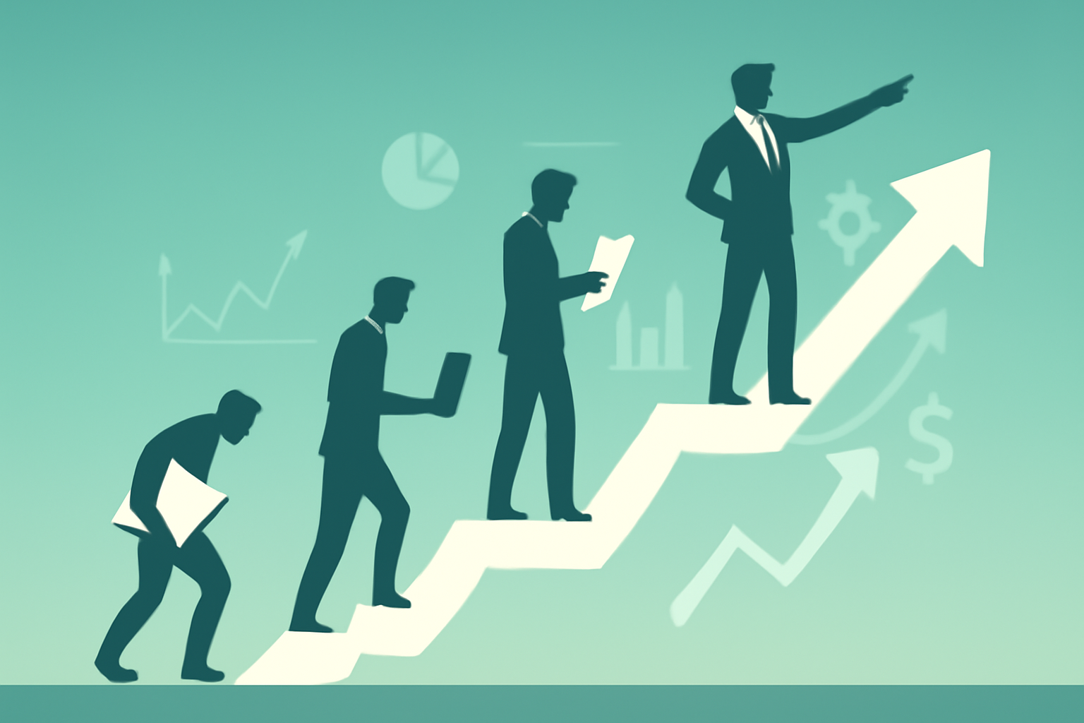 Illustration of businesspeople climbing an upward arrow representing growth and success, with various charts and gears in the background.