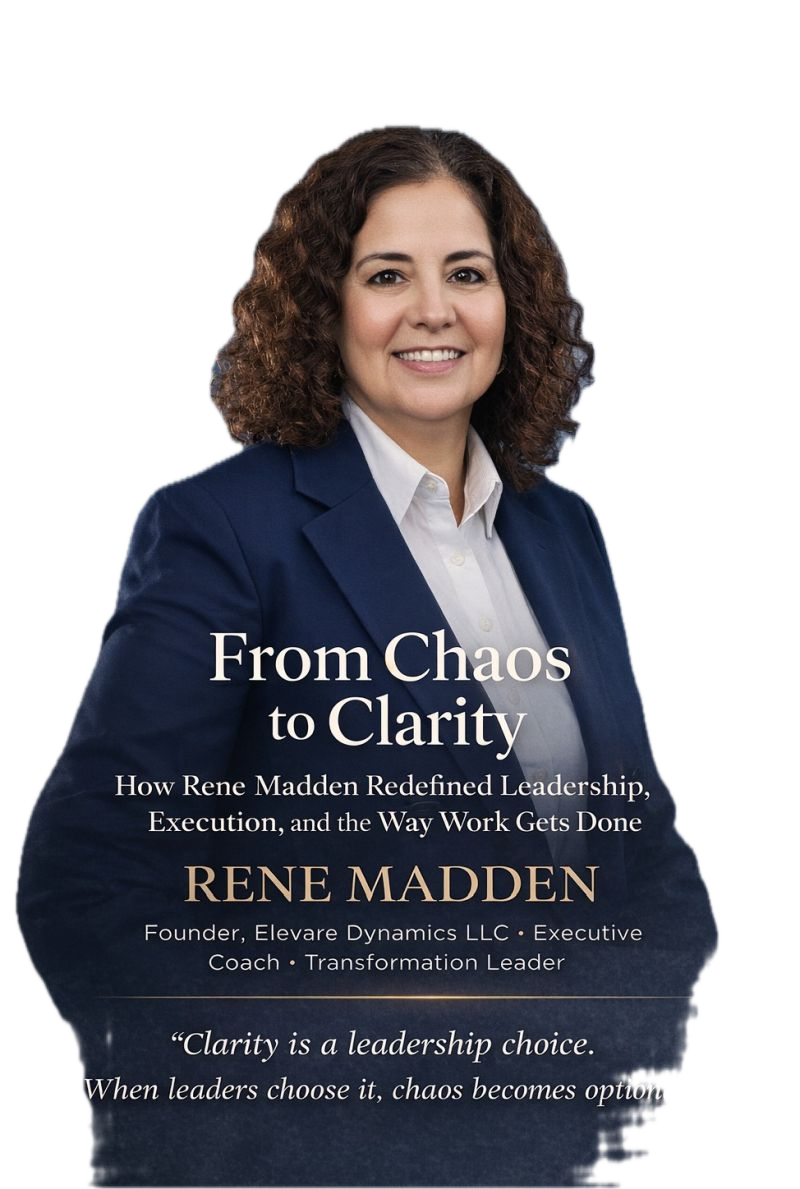 A woman with curly brown hair wearing a navy blazer and white shirt, smiling at the camera. The image is a promotional cover for a book titled 'From Chaos to Clarity' by Rene Madden, who is described as a founder, executive coach, and transformation leader.