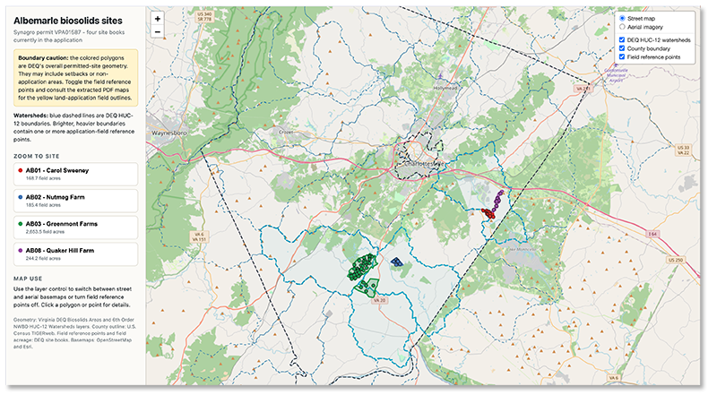 map of Albemarle spreading areas and watersheds