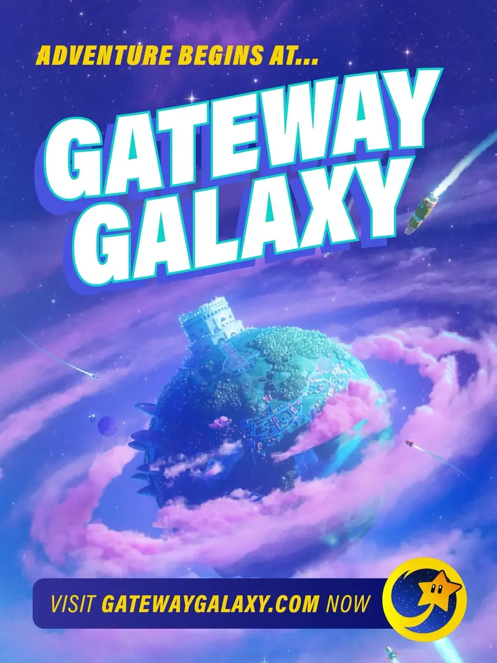 Animated promotional poster for Gateway Galaxy featuring a floating planet with a building and trees, in a colorful space setting with stars, rockets, and a spaceship, with the text 'Adventure begins at... Gateway Galaxy' and a website URL.