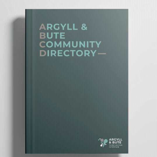 Cover of a book titled 'Argyll & Bute Community Directory' with a minimalist design, gray background, and light blue and white text.