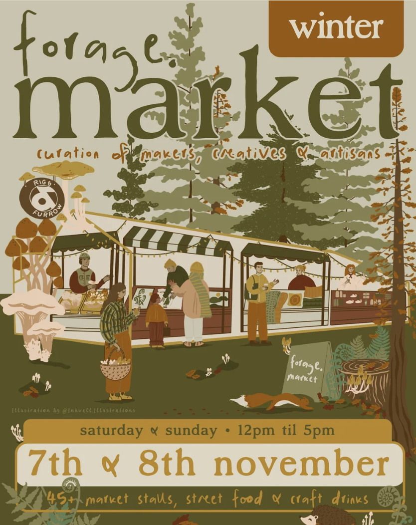 An illustrated poster for a winter forage market event. Features trees, market stalls, people shopping, and vendors selling food and crafts. Event details: Saturday and Sunday, November 7th and 8th, from 12 pm to 5 pm, with over 45 market stalls, street food, and craft drinks.