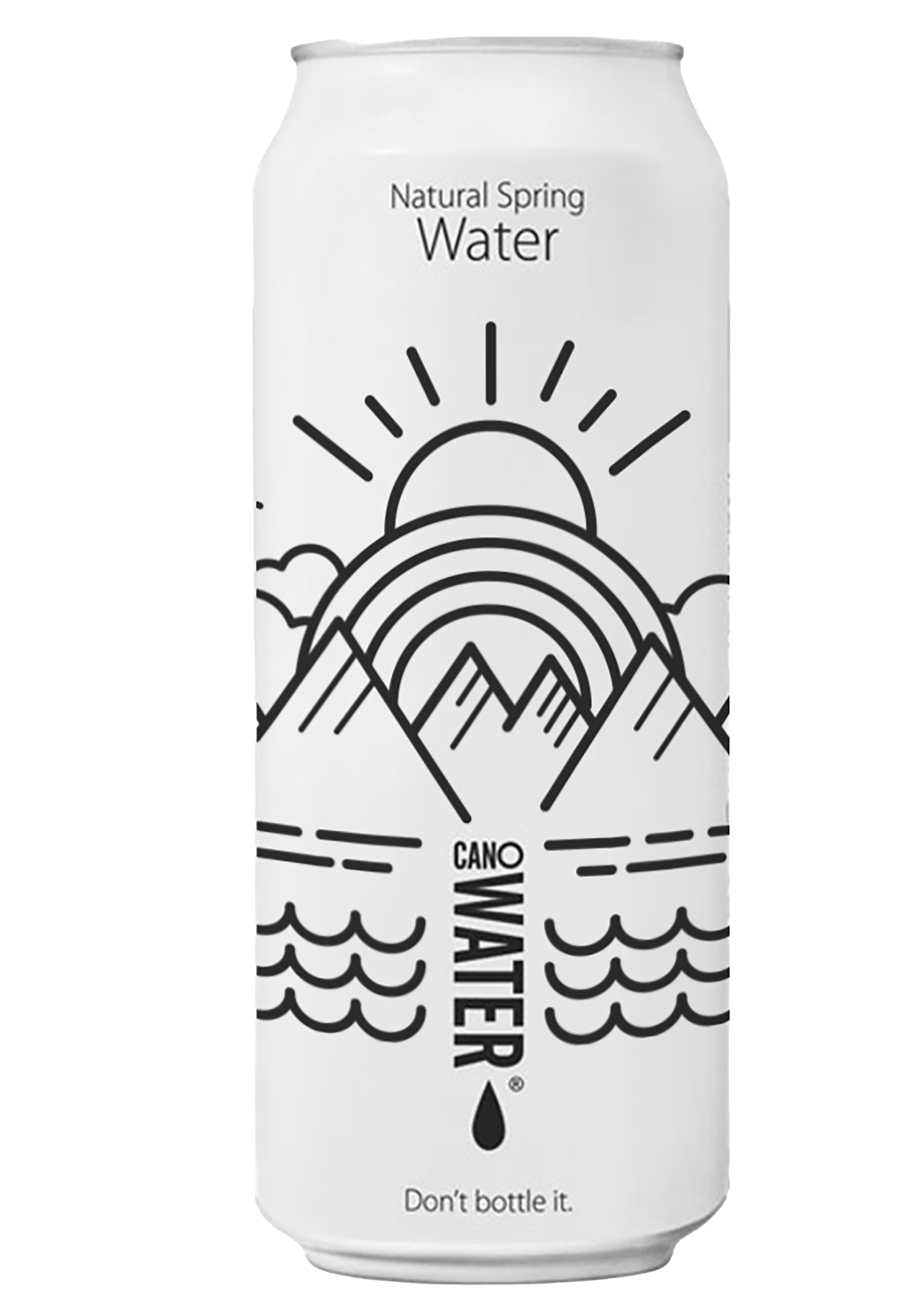 A white can of water with black line art of a sunrise over mountains, waves, and a drop of water with the text 'Natural Spring Water' and 'Don't bottle it.'