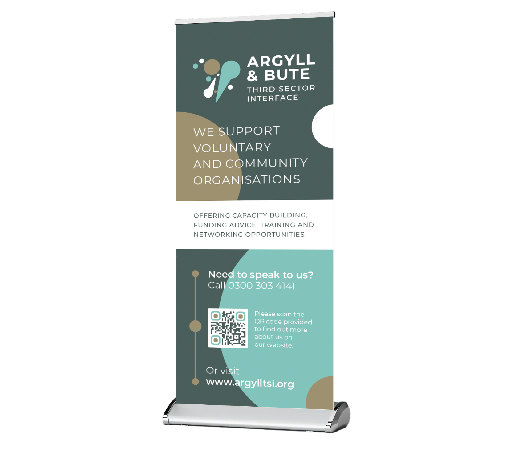 A mobile banner with information about Argyll & Bute Third Sector Interface supporting community organizations. The banner mentions capacity building, funding advice, training, networking opportunities, and provides a QR code and website link for mor