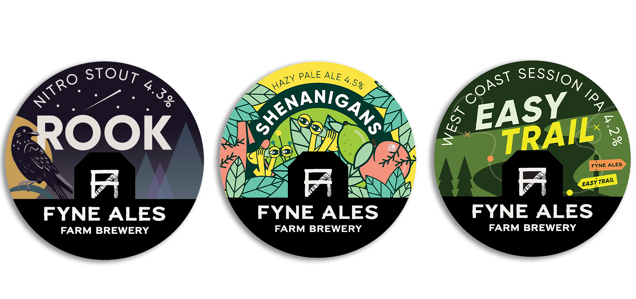 Three circular labels for Fyne Ales, a farm brewery, featuring different craft beer styles and colorful illustrations: a Nitro Stout with a blackbird, a Hazy Pale Ale with hop cones and leaves, and an Easy Session IPA with a mountain landscape, the l