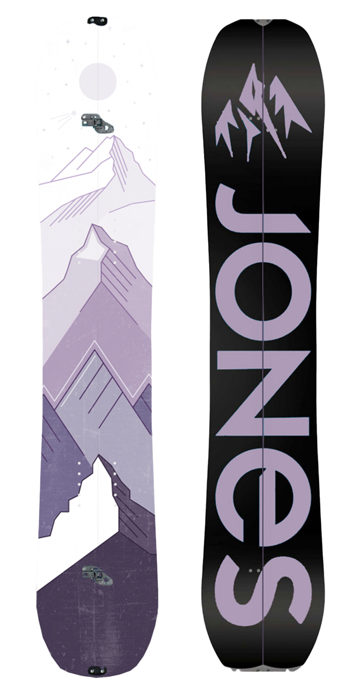 A snowboard with a mountain landscape design and the word 'SNO' printed on it.