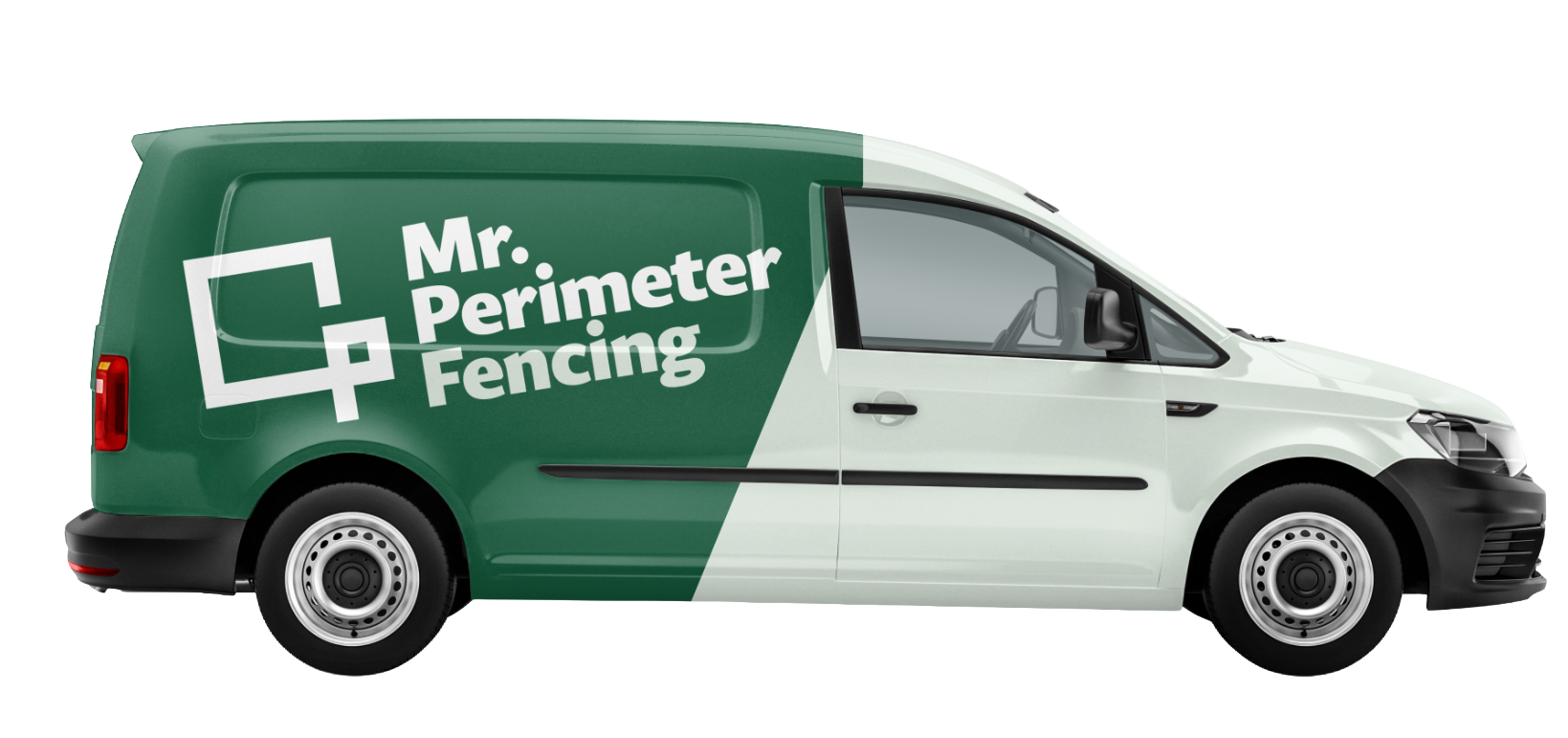 A two-tone green and white commercial van with the logo and text "Mr. Perimeter Fencing" on the side.