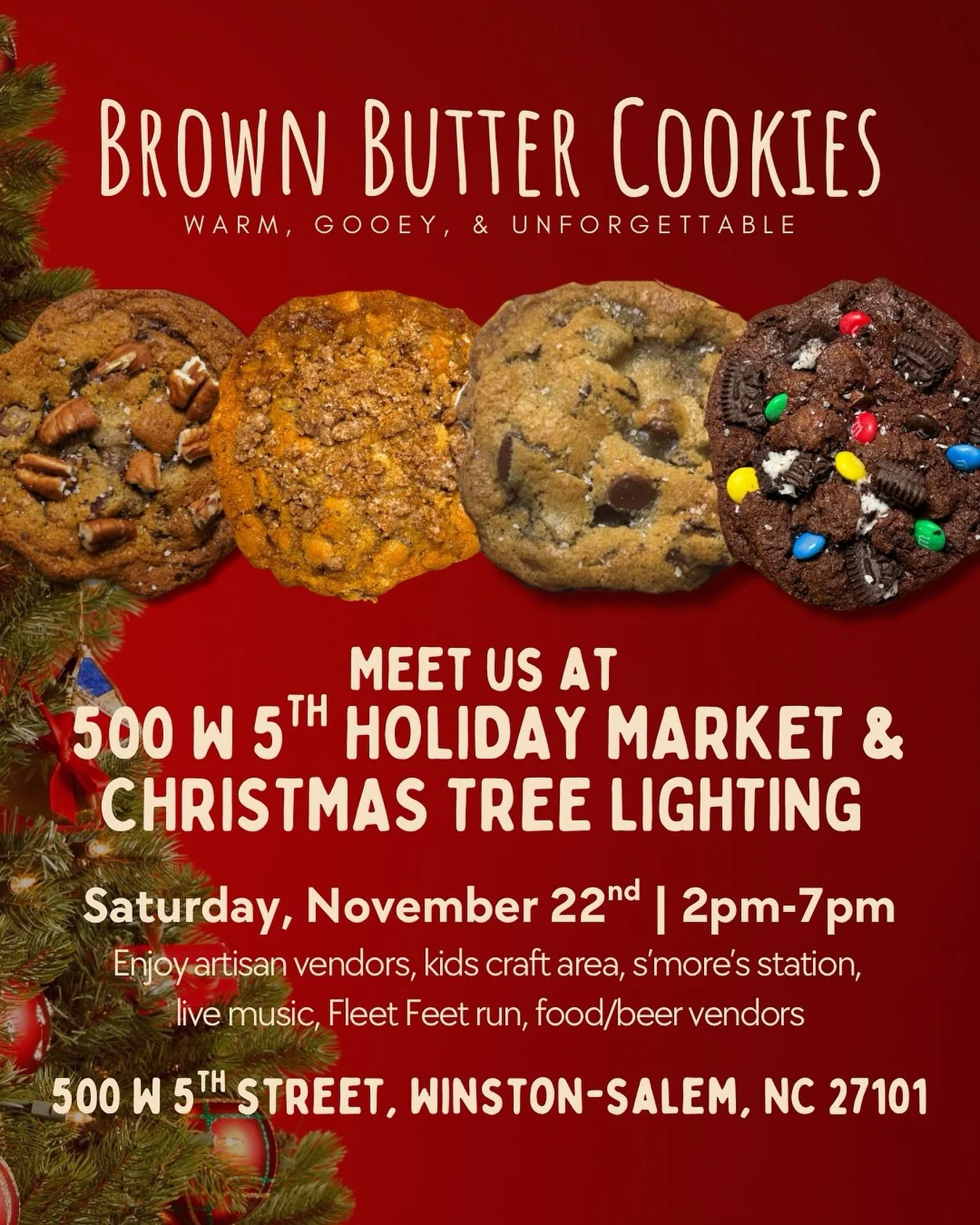 The 500 W. 5th Holiday Market &amp; Christmas Tree Lighting is a free community event for families, friends, neighbors&hellip; everybody&rsquo;s welcome! 🎄✨

Join us for:
🍪 Fresh Brown Butter Cookies
🎁 Local vendors + makers
🎄 Christmas tree ligh