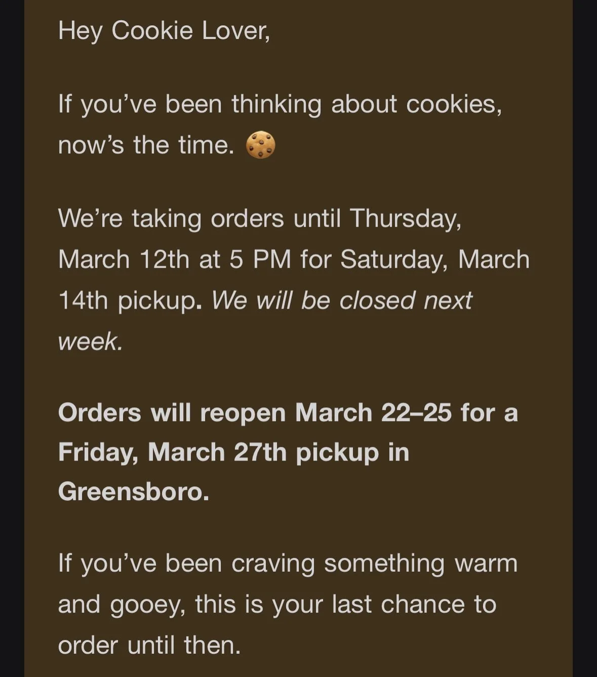 In case you missed it! Be sure to sign up for our email list so that you can be in the loop! 

If youre in the mood for cookies, order soon. We look forward to seeing you and your loved ones at one of our upcoming events! 

👩🏾&zwj;🍳🍪🤎👩🏾&zwj;🍳