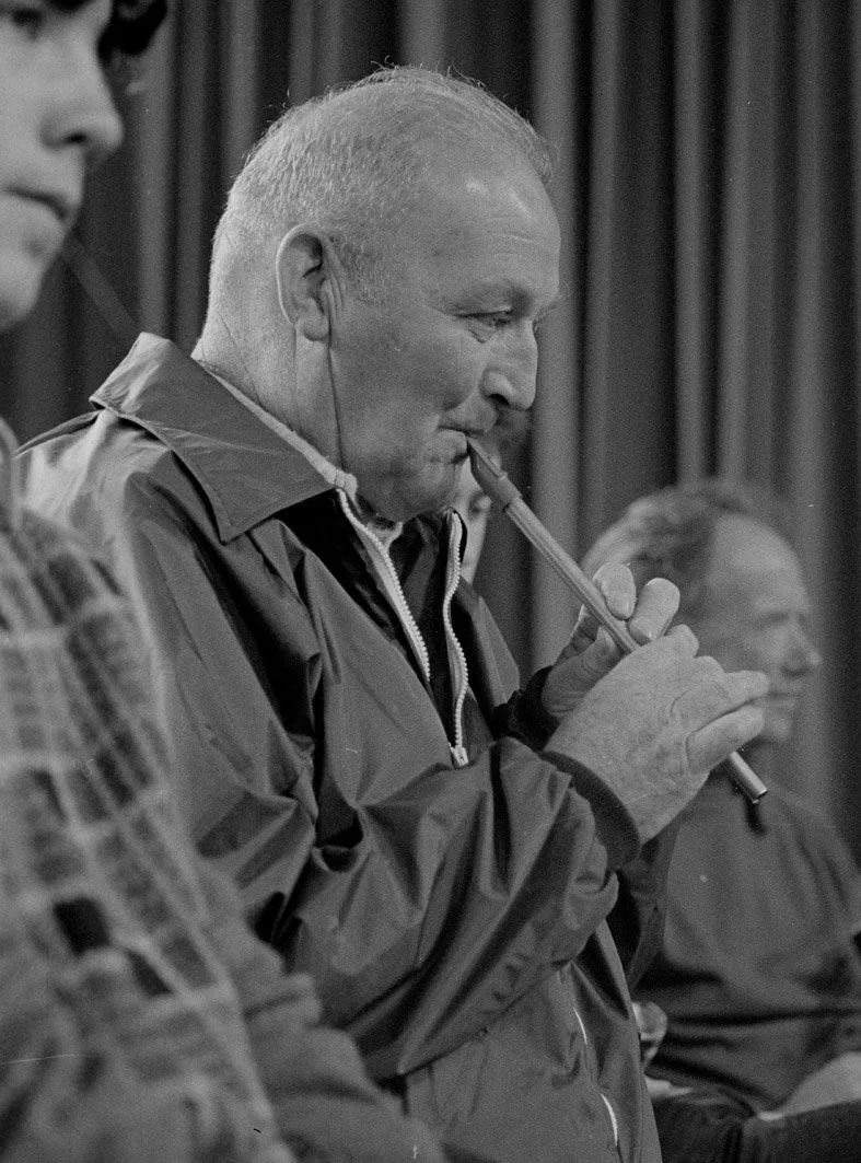 Micho Russell playing at the tin whistle recital, 1978.